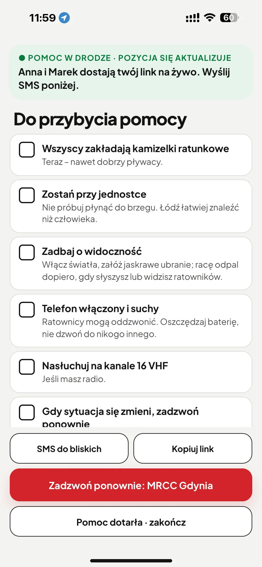 Czekając na ratowników: lista kontrolna do przybycia pomocy i SMS z linkiem do śledzenia dla bliskich · VesselSOS