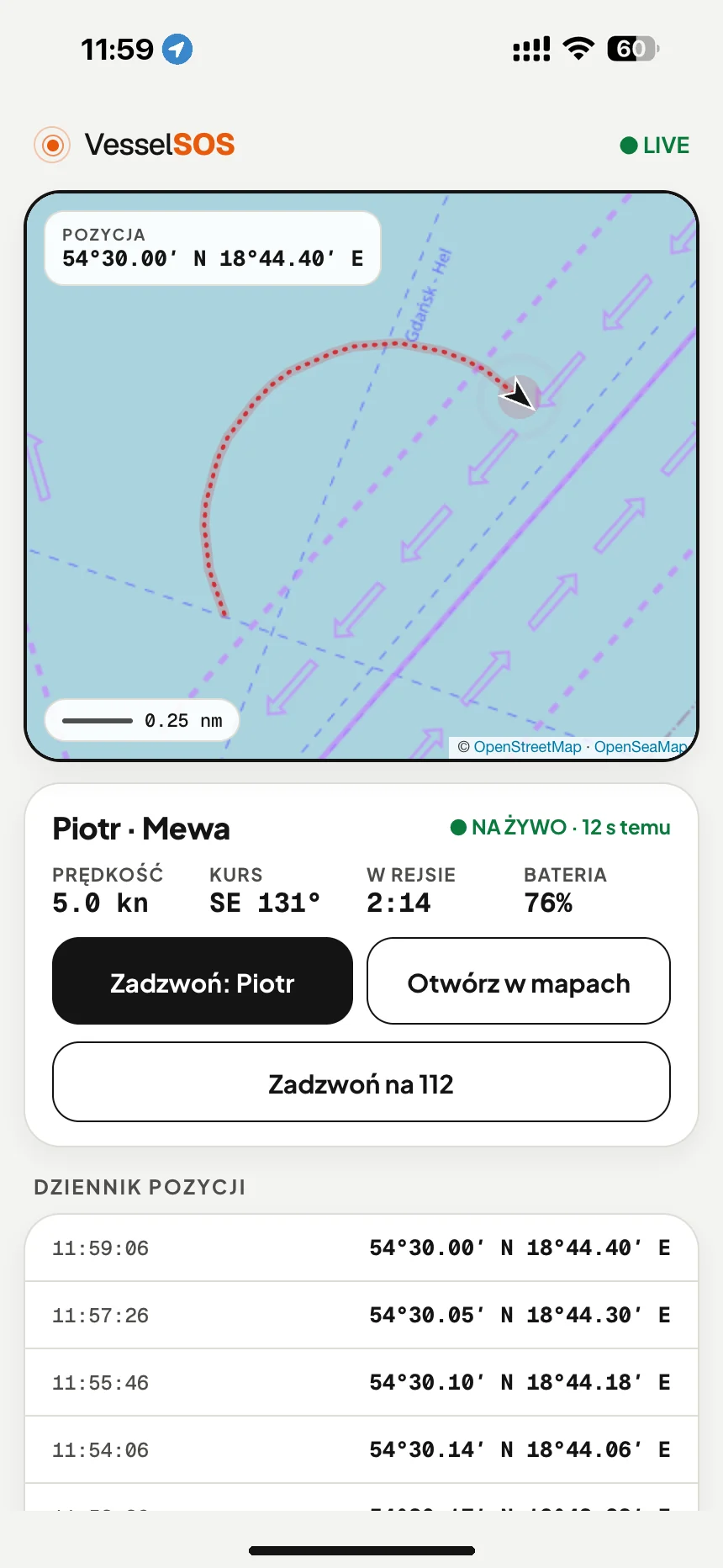 Link do śledzenia łodzi na żywo: pozycja, prędkość i bateria telefonu na mapie w dowolnej przeglądarce · VesselSOS