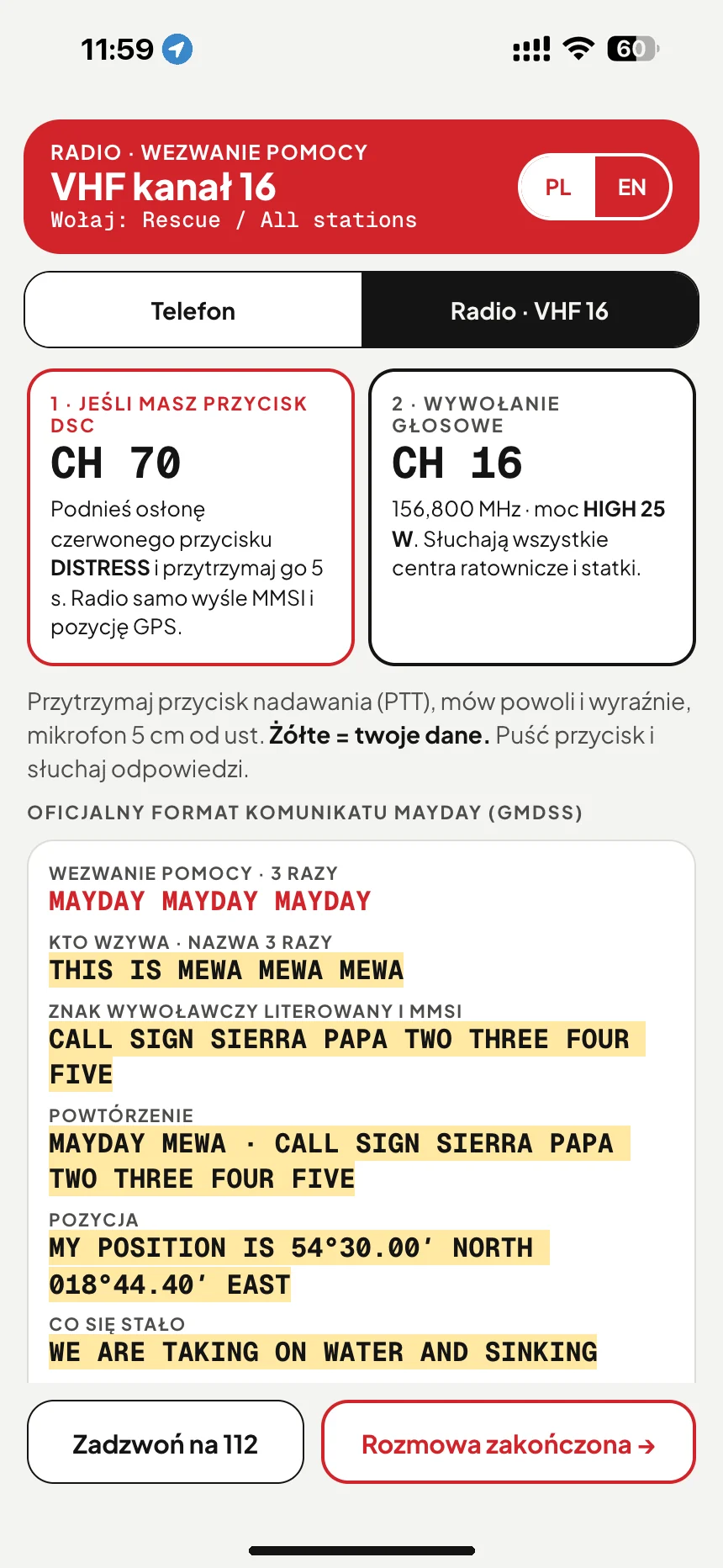 Wezwanie MAYDAY przez VHF: komunikat alarmowy na kanale 16 z nazwą łodzi, znakiem wywoławczym i pozycją · VesselSOS