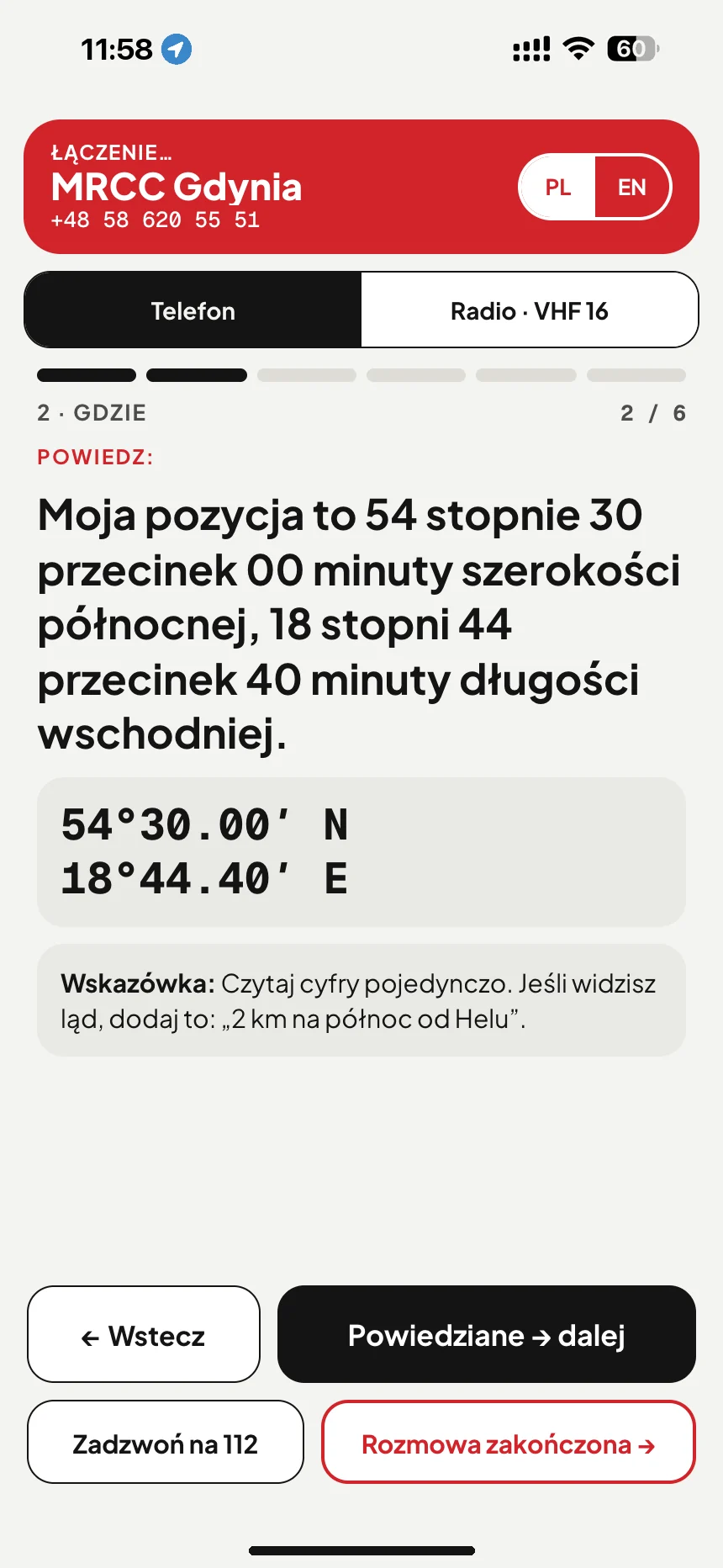 Wezwanie pomocy na wodzie: skrypt rozmowy odczytuje pozycję słowami podczas połączenia z MRCC Gdynia · VesselSOS