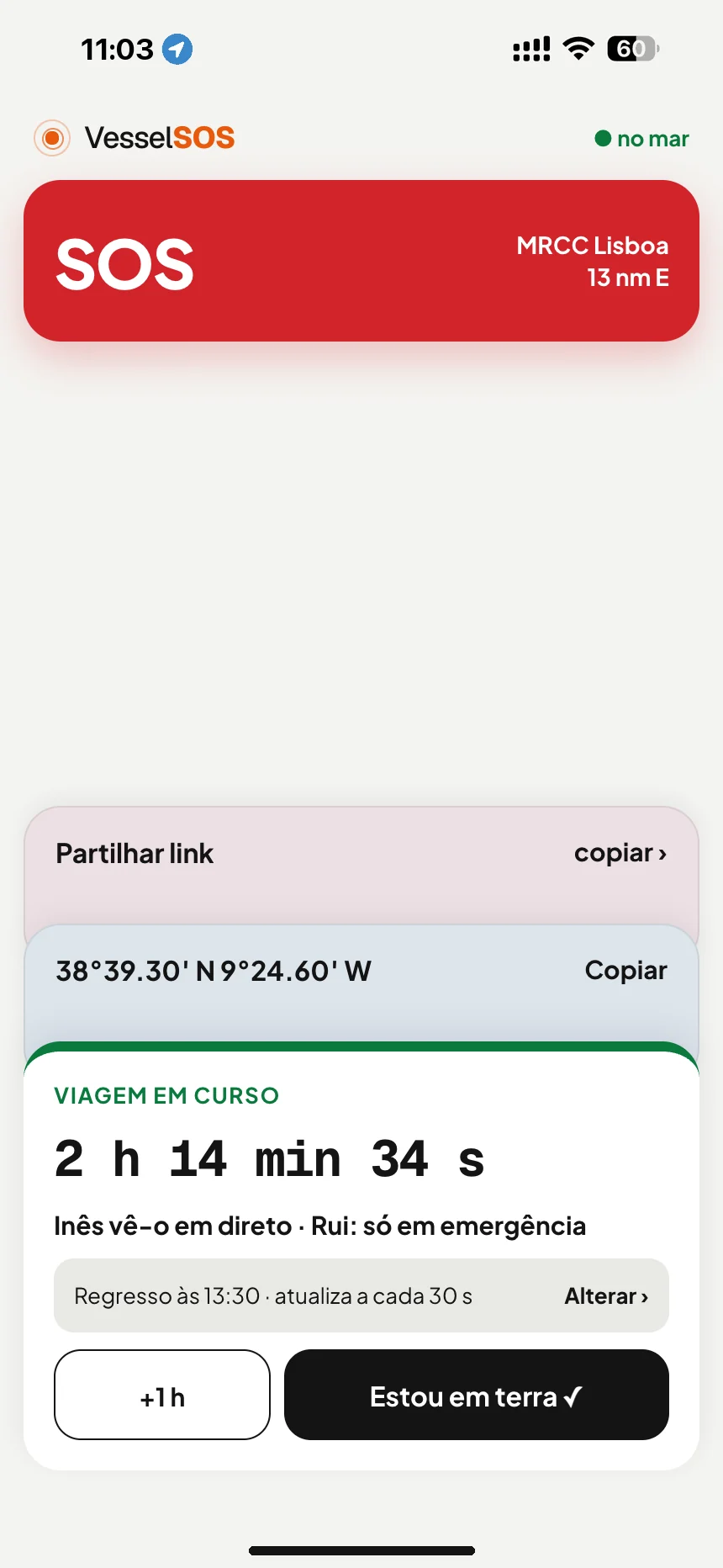Acompanhamento da saída de barco: saída em curso: hora de regresso e contactos que o veem em direto · VesselSOS