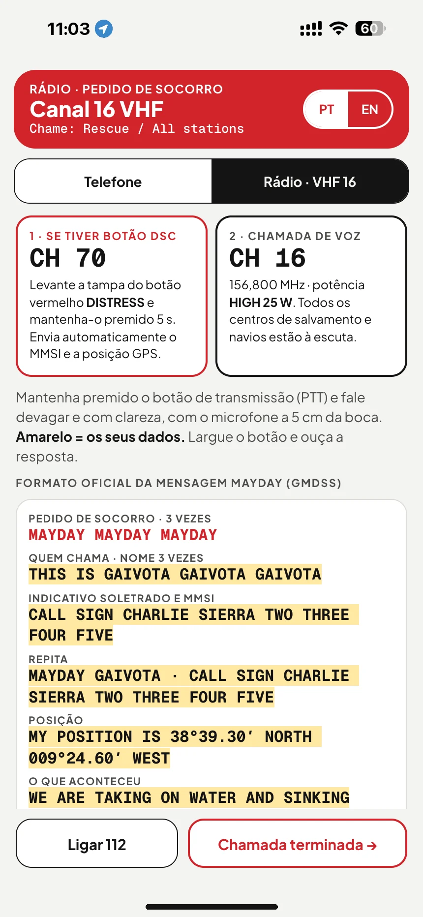 Chamada MAYDAY por VHF: mensagem de socorro no canal 16 com o nome do barco, o indicativo de chamada e a posição · VesselSOS