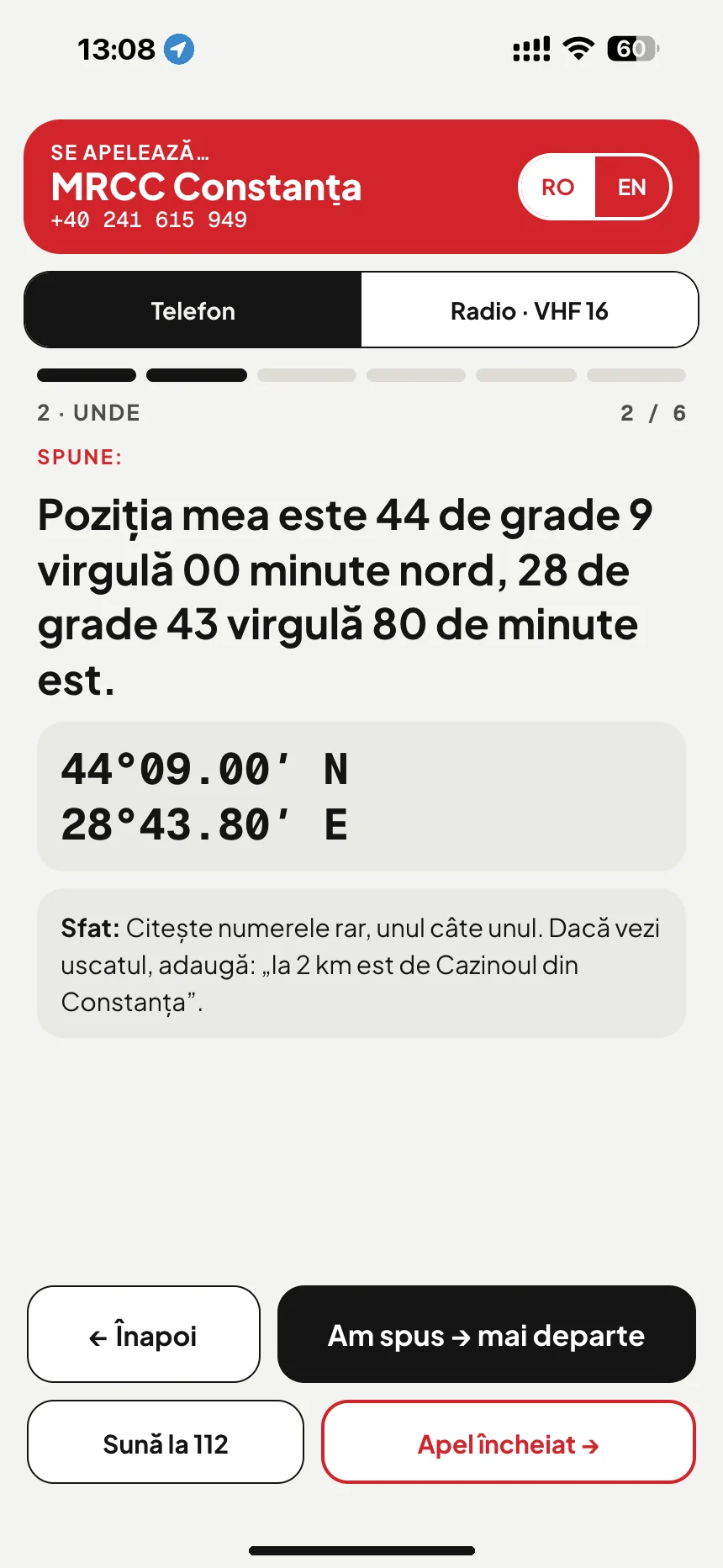 Apel de pericol pe mare: scriptul apelului citește poziția în cuvinte în timp ce suni la MRCC Constanța · VesselSOS