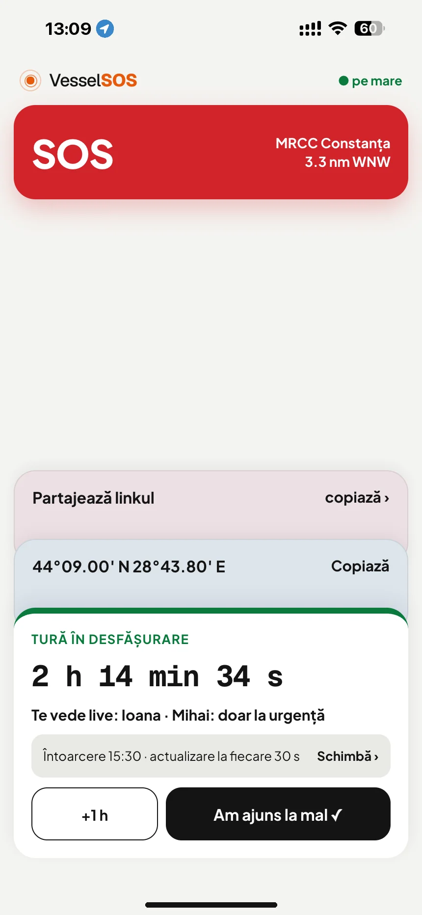 Urmărirea ieșirii cu barca: ieșire în desfășurare: ora întoarcerii și contactele care te văd live · VesselSOS
