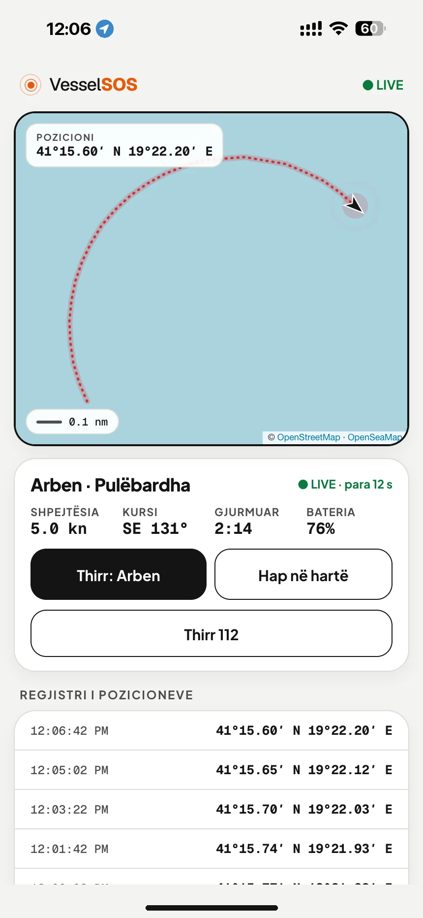 Lidhje gjurmimi live për varkën: pozicioni, shpejtësia dhe bateria e telefonit në hartë, në çdo shfletues · VesselSOS