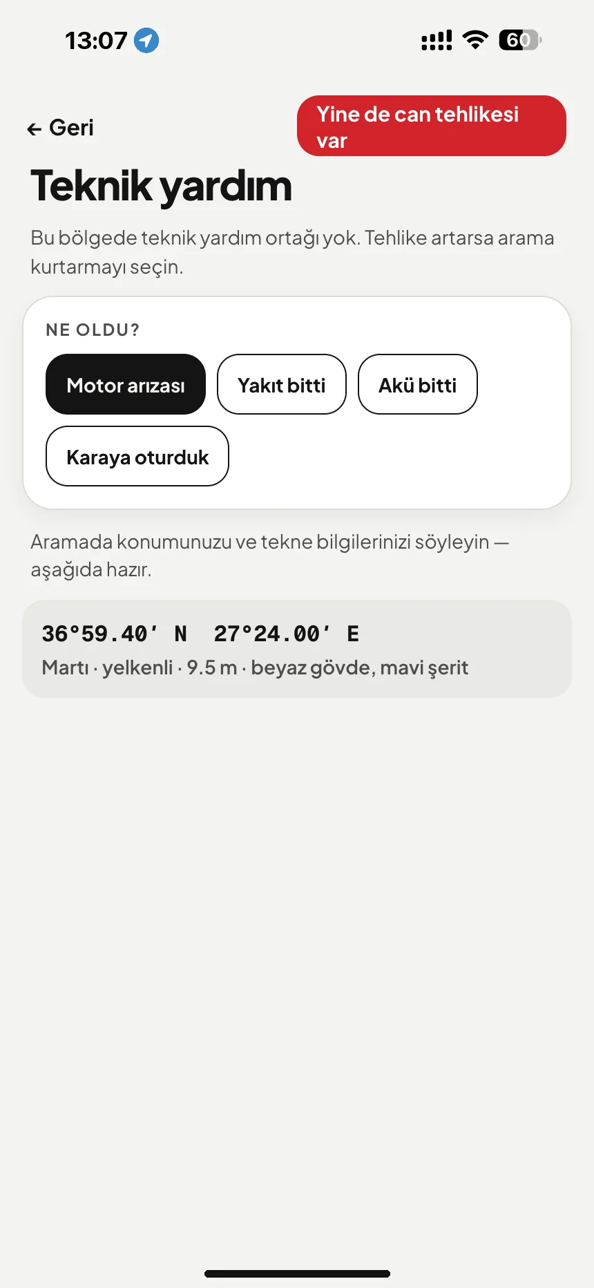 Tekne yol yardımı ve çekme: motor arızası, yakıt bitti ya da akü boş: konum ve tekne bilgileri arama için hazır · VesselSOS