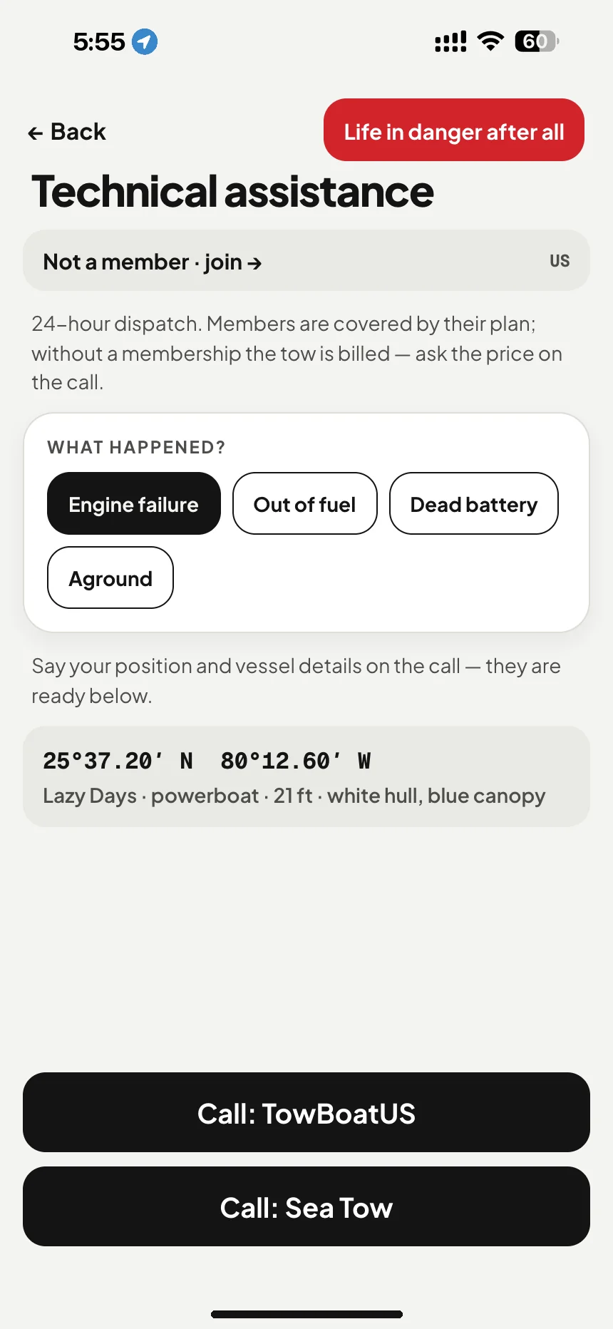 Boat towing with TowBoatUS and Sea Tow: engine failure or dead battery: one tap calls the 24-hour dispatch line · VesselSOS