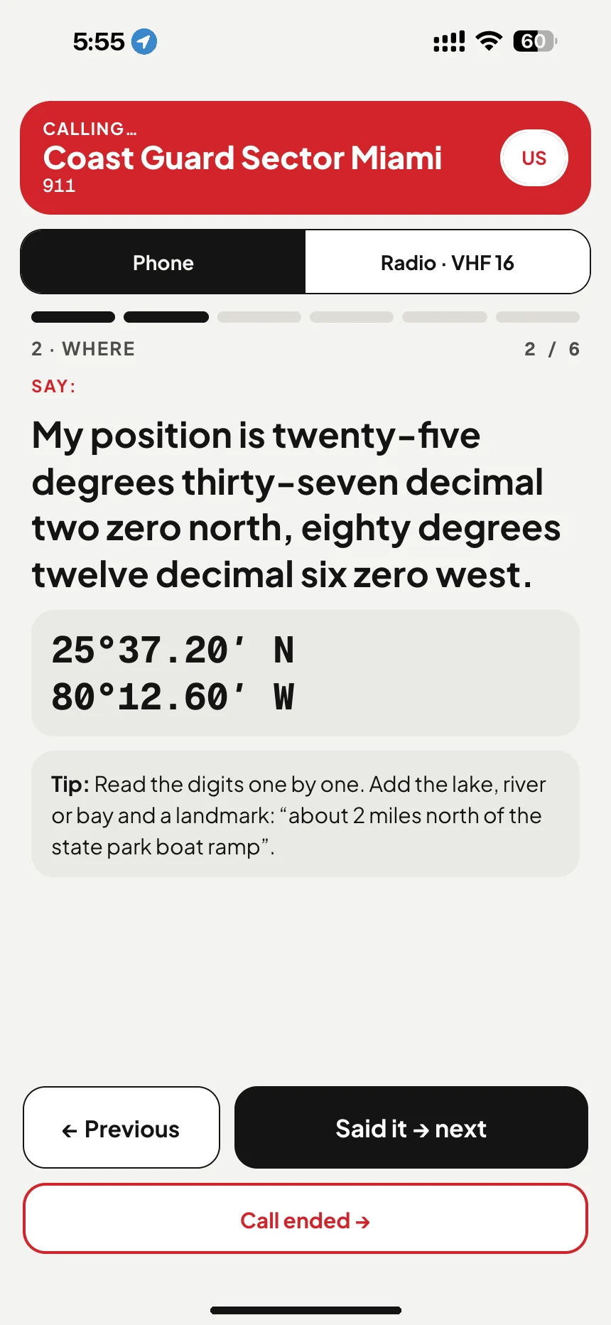 Call 911 from a boat: the call script reads your position out in words; on the coast the app shows Coast Guard Sector Miami · VesselSOS