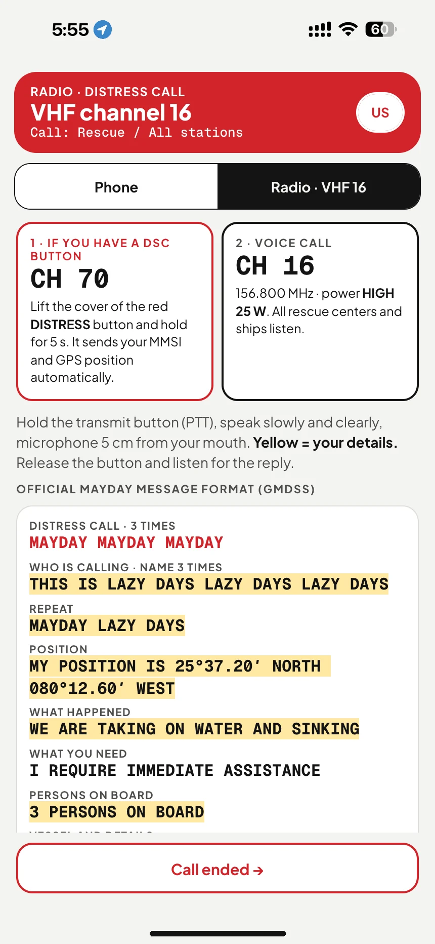 VHF channel 16 MAYDAY: the official distress call script filled in with your boat's name, call sign and position · VesselSOS
