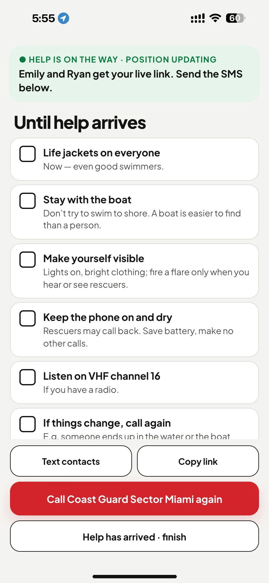 Waiting for Coast Guard rescue: checklist until help arrives and a text message with your live location link · VesselSOS